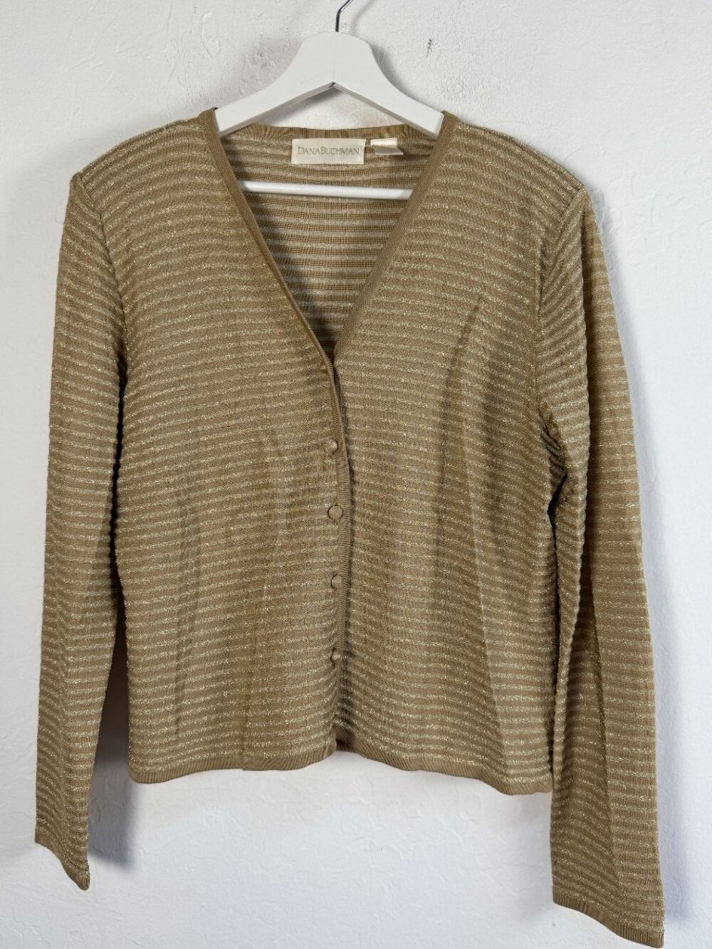 Dana Buchman Women's Cardigan Gold Metallic Striped Button Front V-Neck Large
